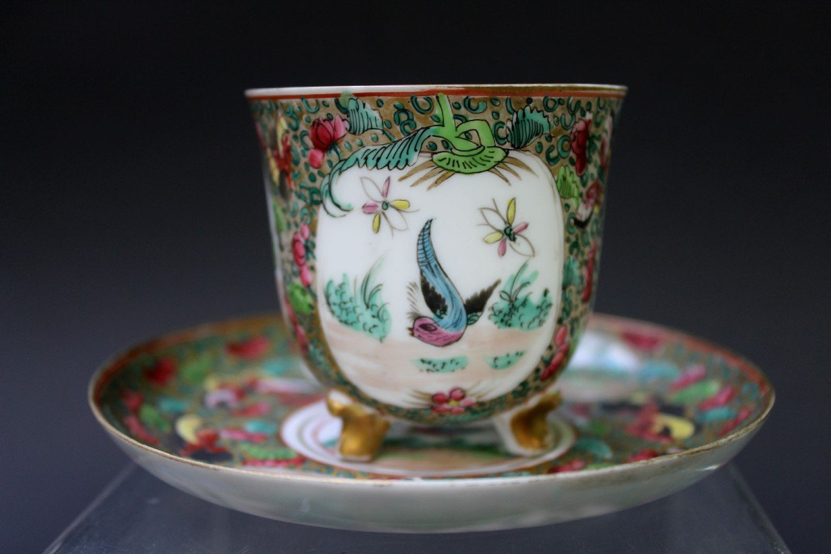 Antique Rose Medallion Porcelain Cabinet Cup And Saucer, French 19th Century. Chinese Style.-photo-2