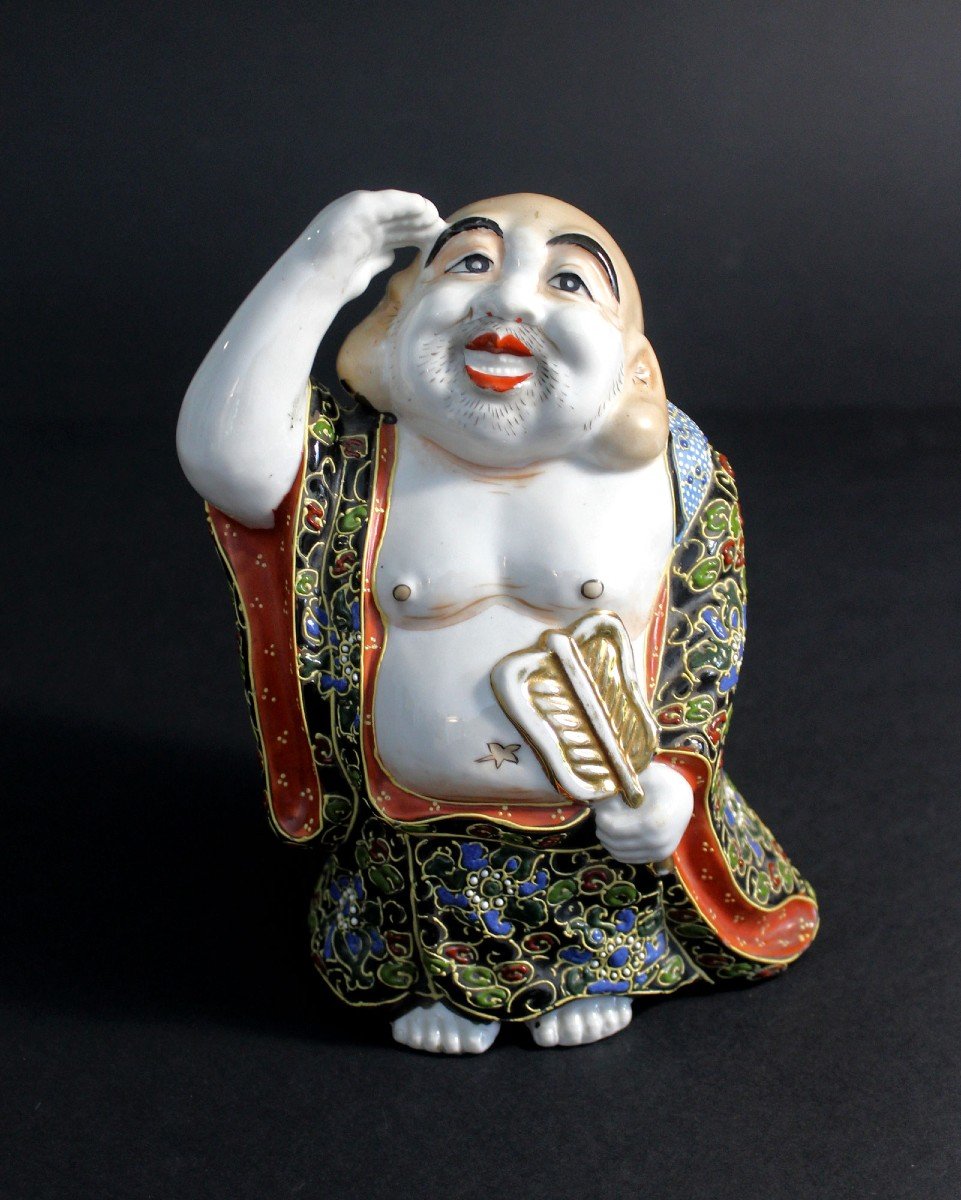 Figure Antique Japonaise en Porcelaine Satsuma de Hotei  Dieu  Bonne Chance