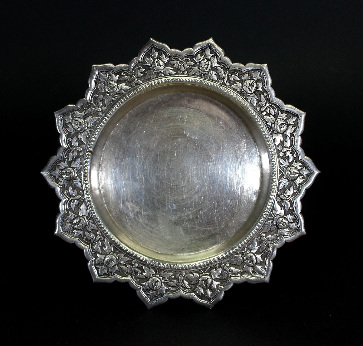 Antique Thai Silver Buddhist Temple  Offering Dish-photo-2