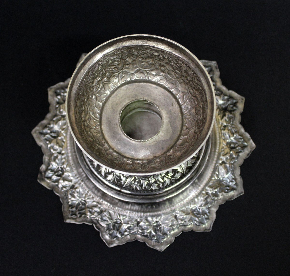 Antique Thai Silver Buddhist Temple  Offering Dish-photo-2