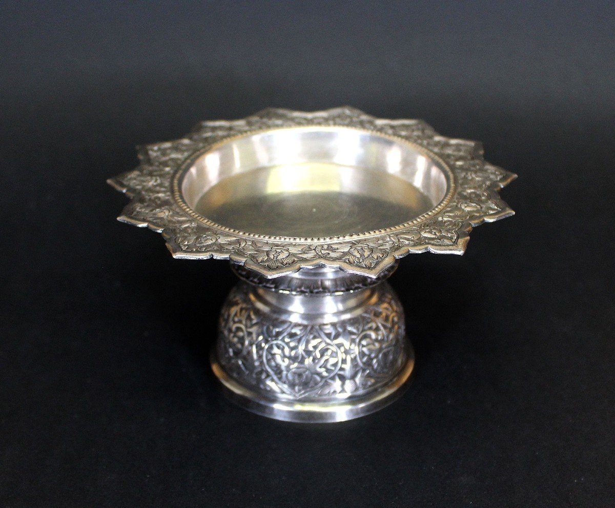 Antique Thai Silver Buddhist Temple  Offering Dish-photo-3