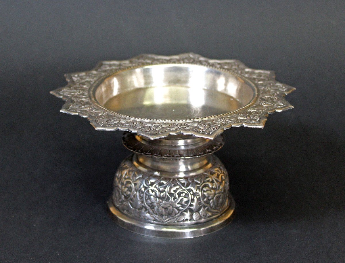 Antique Thai Silver Buddhist Temple  Offering Dish