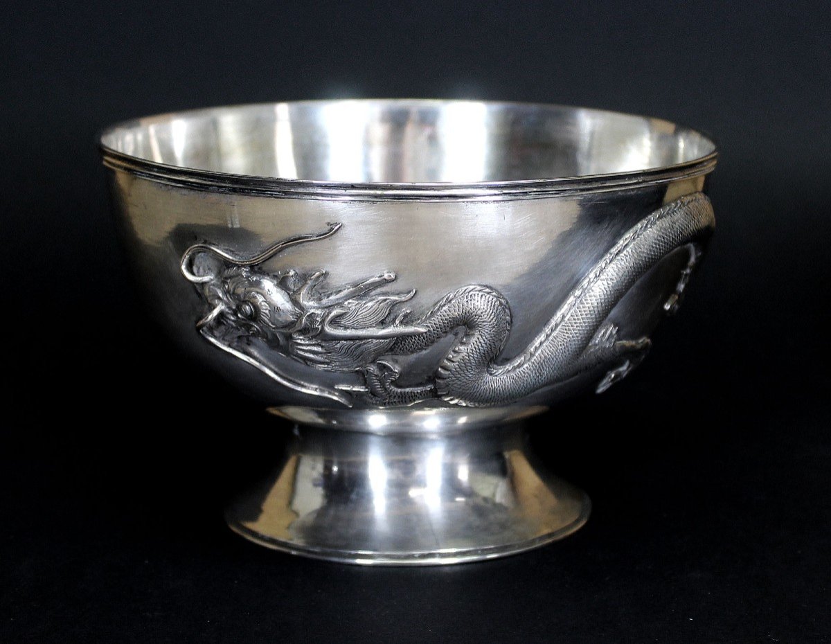 Antique Chinese Export Silver Bowl Dragon Hallmarked-photo-2