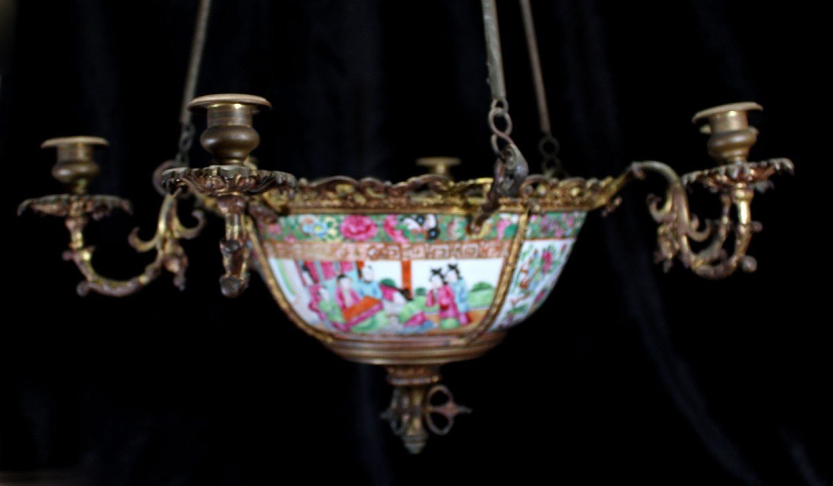 Antique Chinese Canton Famille Rose Medallion Porcelain & Gilt Bronze Chandelier.-photo-3