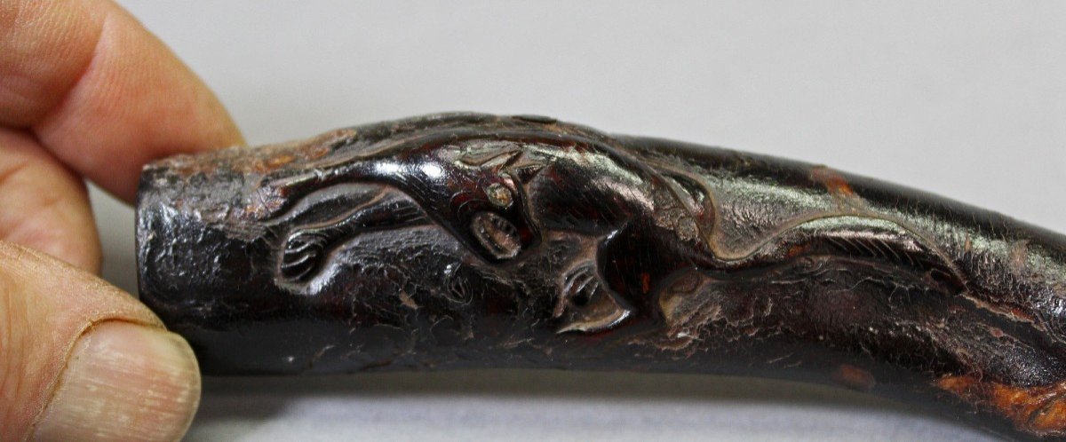 Antique Japanese Tobacco Pipe In Carved Horn Tiger Edo Period-photo-3