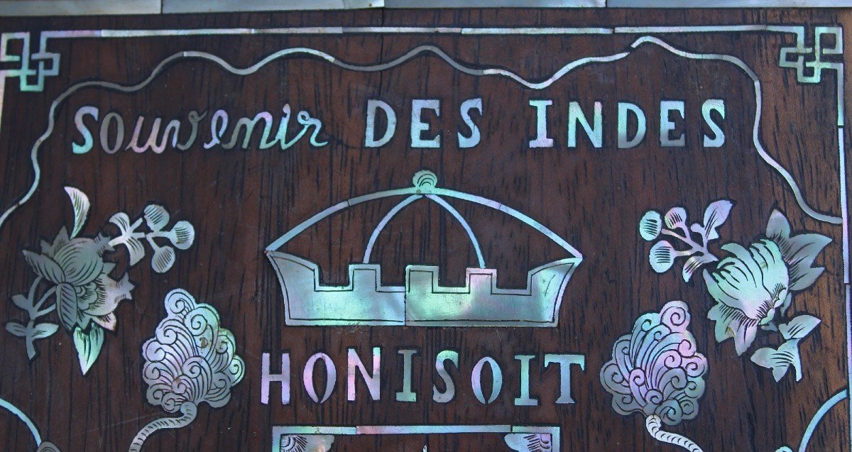 Plaque Ancienne Bois & Nacre Viêt Nam Souvenir Des Indes Honi Soit Qui Mal Pense-photo-4