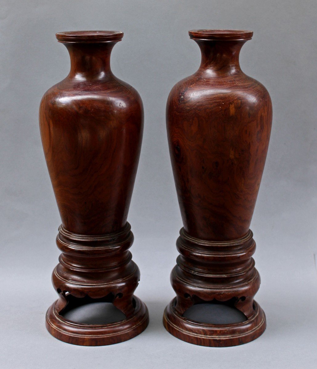 Pair Of Antique Chinese Huanghuali Wood Turned Vases-photo-2