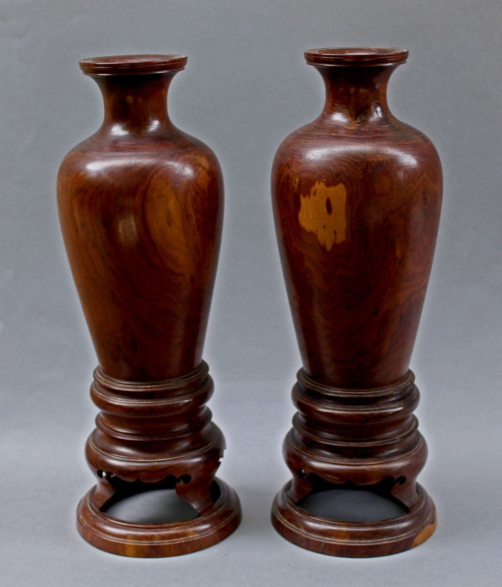 Pair Of Antique Chinese Huanghuali Wood Turned Vases-photo-3