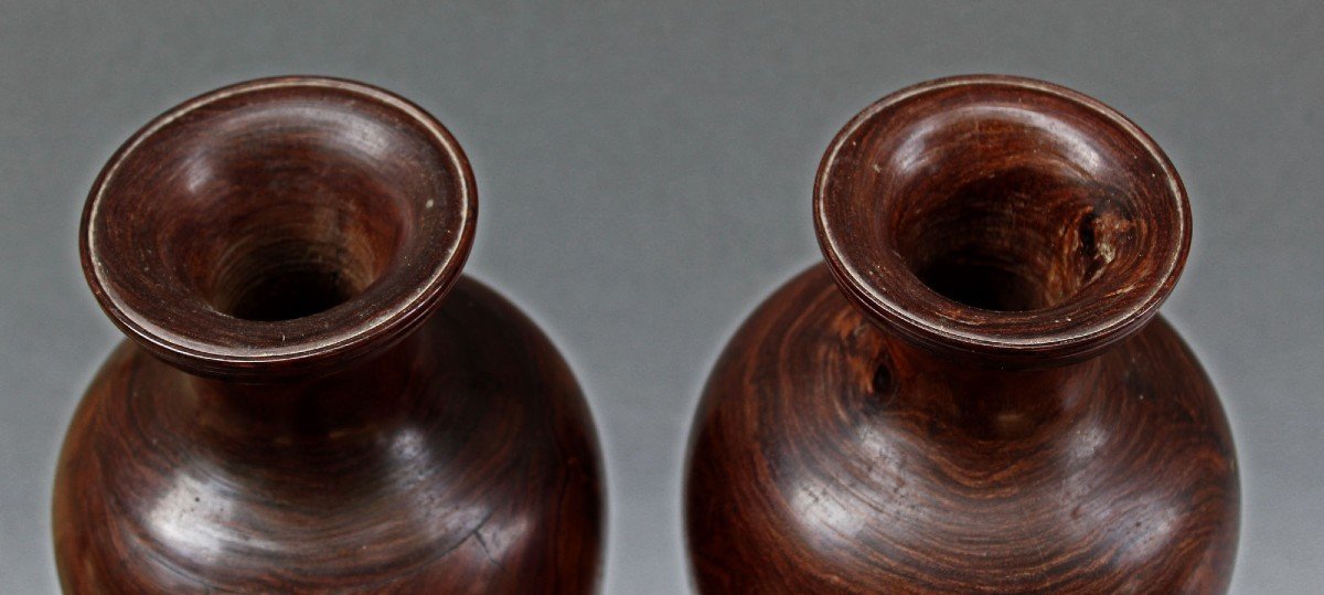 Pair Of Antique Chinese Huanghuali Wood Turned Vases-photo-3