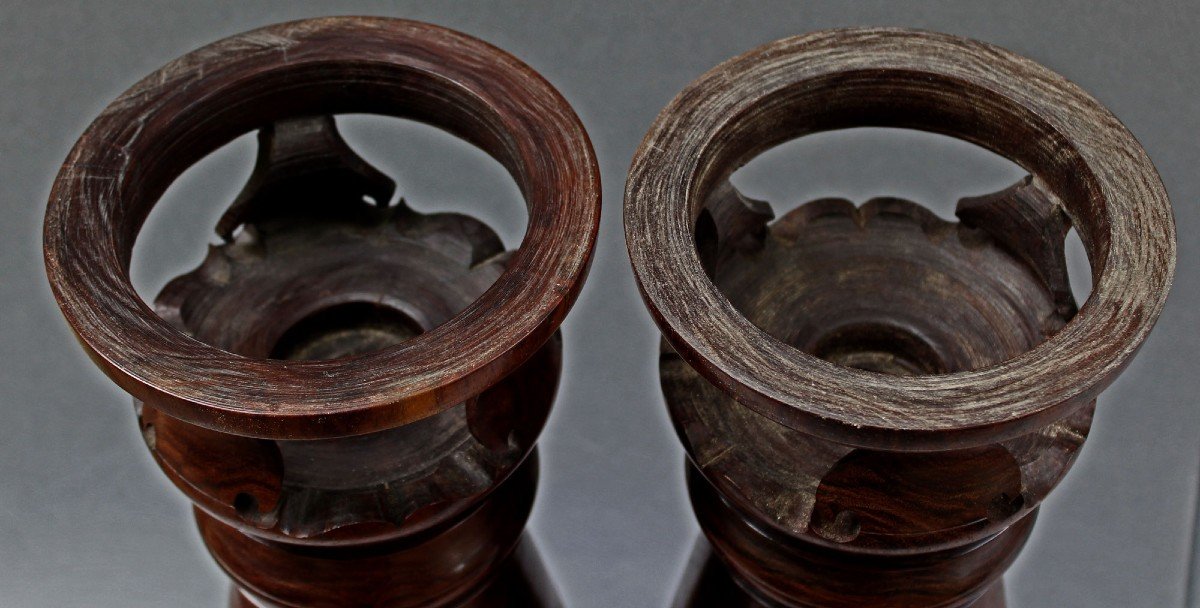 Pair Of Antique Chinese Huanghuali Wood Turned Vases-photo-4