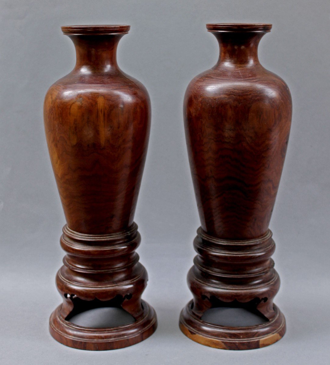 Pair Of Antique Chinese Huanghuali Wood Turned Vases