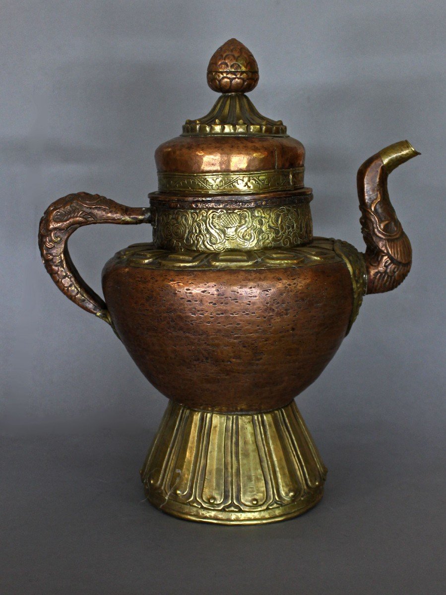 Large Antique Tibetan Copper And Brass Teapot. Tibet. Buddhist.-photo-3