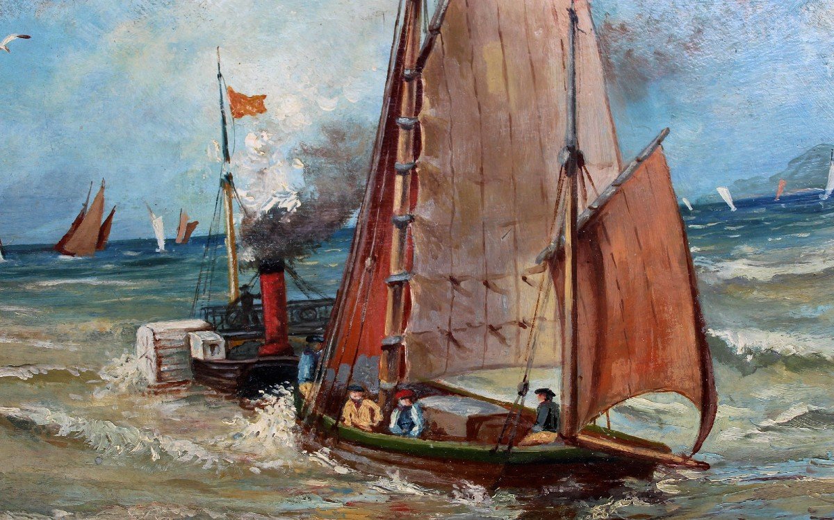 Painting  Large Terracotta Plaque Marine Scene Sailboat Paddle Boat Sail:steam-photo-2