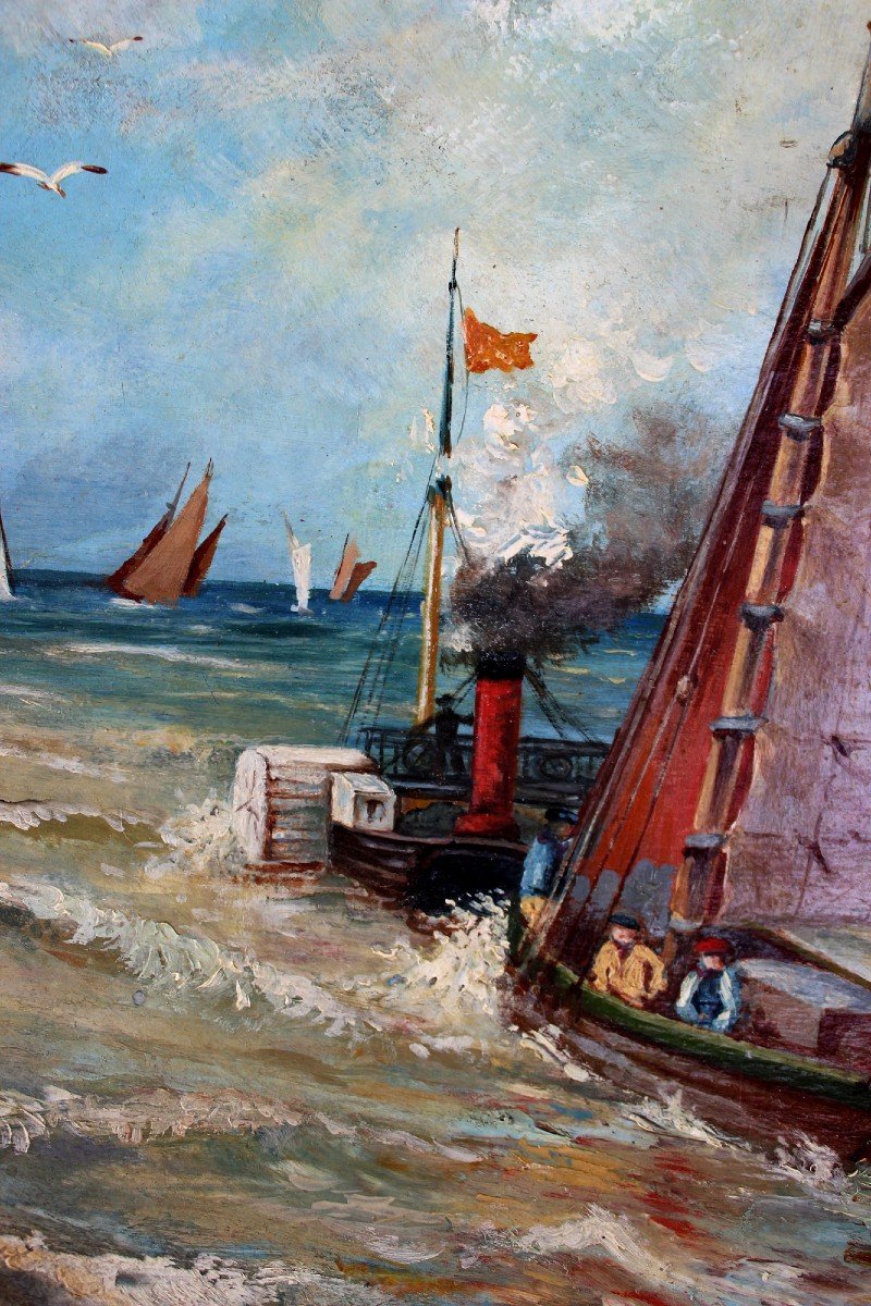 Painting  Large Terracotta Plaque Marine Scene Sailboat Paddle Boat Sail:steam-photo-3