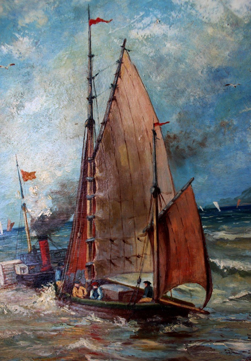 Painting  Large Terracotta Plaque Marine Scene Sailboat Paddle Boat Sail:steam-photo-4