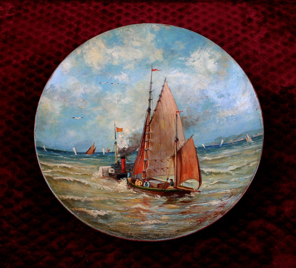 Painting  Large Terracotta Plaque Marine Scene Sailboat Paddle Boat Sail:steam