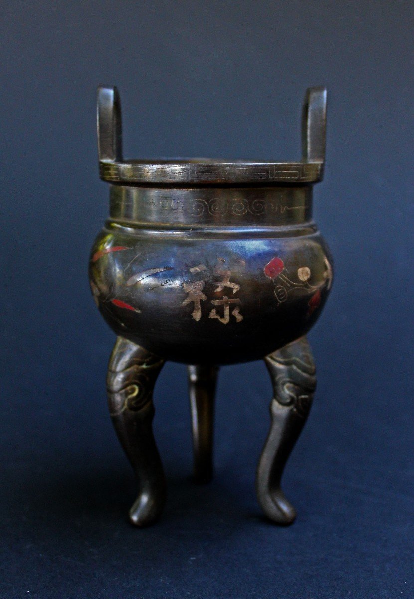 Brûle Parfum Vietnamien En Bronze. D’époque XIX émé. Vietnam. Incrustations d'Argent.