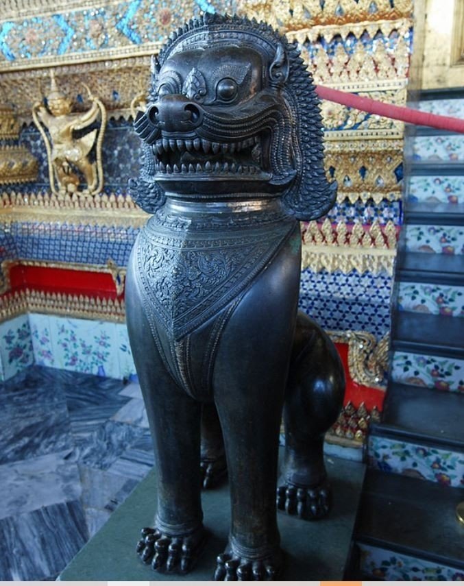 Paire De Lions Antiques En Bronze Thaïlandais Gardiens Du Temple Bouddhiste-photo-4