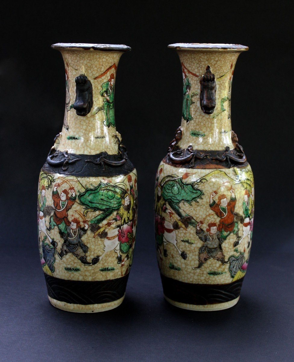 Paire De Vases En Porcelaine Chinoise Nankin Batailles Héroïques Fin XIXe Période Guangxu-photo-2