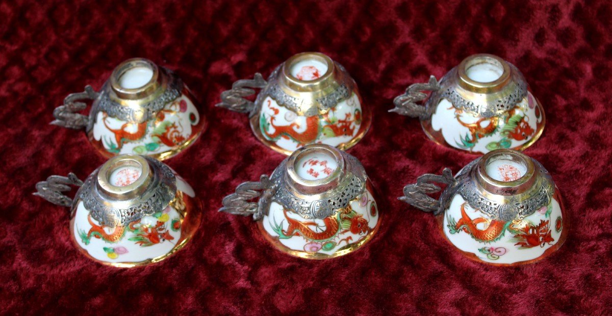 Antique Chinese Porcelain Tea Set For Vietnam Silver Mounts Bleu De Hue-photo-1