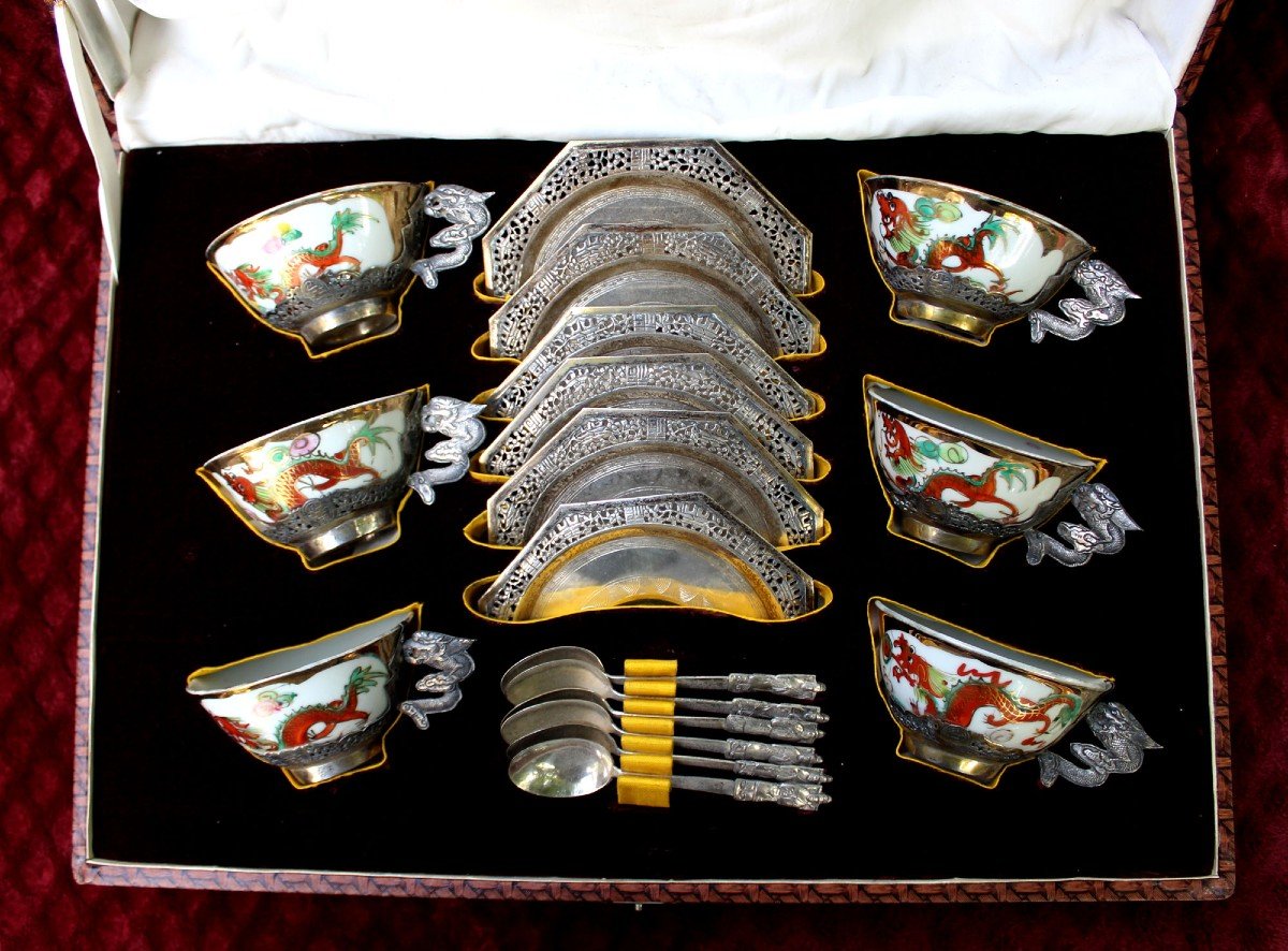 Antique Chinese Porcelain Tea Set For Vietnam Silver Mounts Bleu De Hue