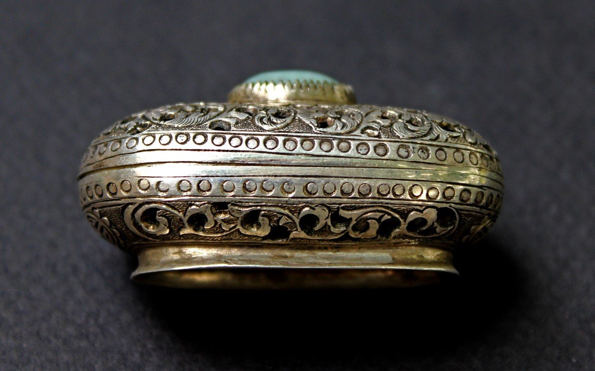 Antique Chinese Silver Pomander Box, Perfume Diffuser, Jade Cabochon-photo-2