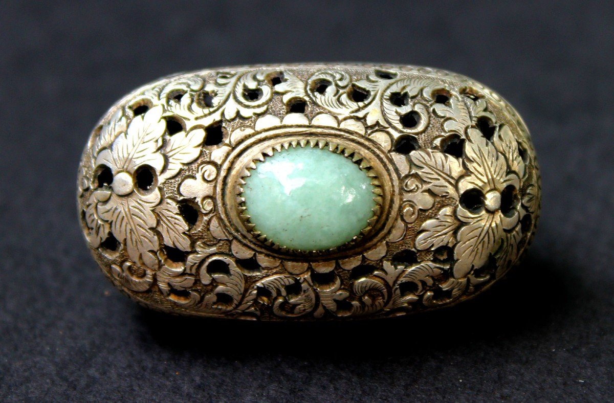 Antique Chinese Silver Pomander Box, Perfume Diffuser, Jade Cabochon-photo-4