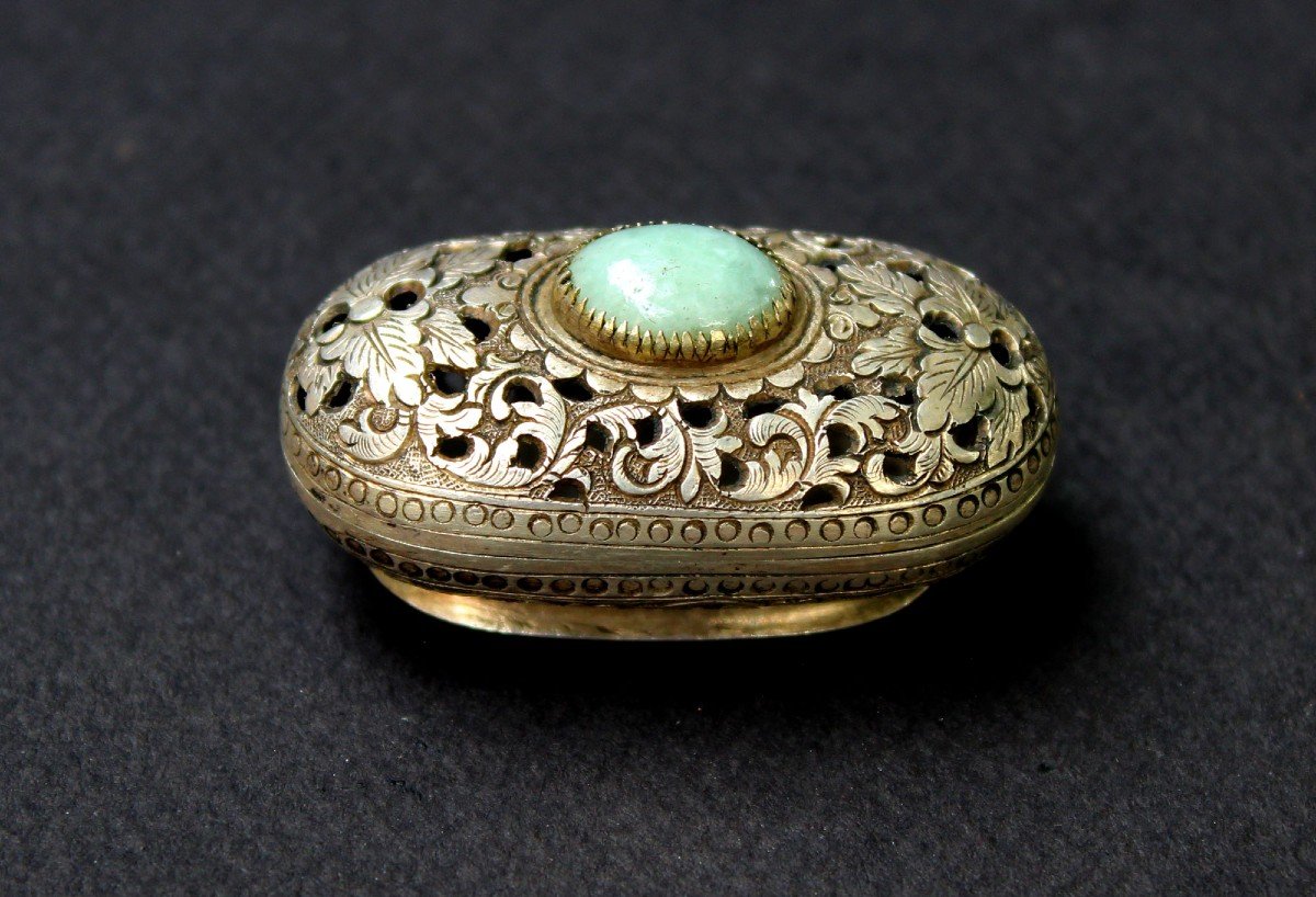 Antique Chinese Silver Pomander Box, Perfume Diffuser, Jade Cabochon