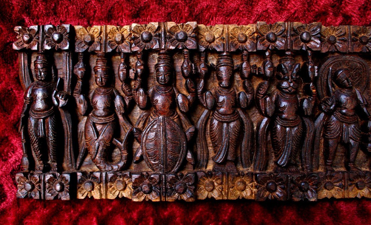 Antique Hindu Carved Wood Temple Wall Sculpture, Dashavatara Vishnu-photo-2