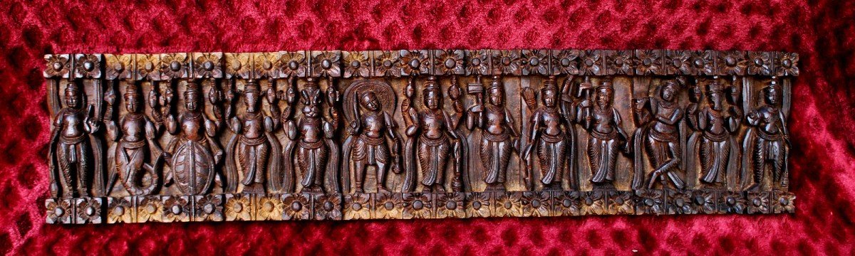 Antique Hindu Carved Wood Temple Wall Sculpture, Dashavatara Vishnu