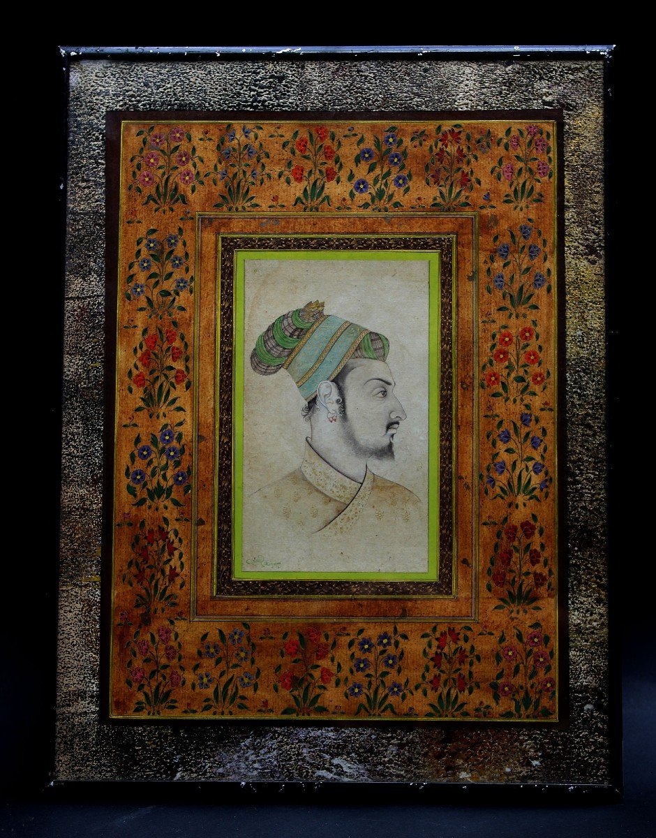 Indian Mughal Style Miniature Portrait Of Shah Jehan Signed-photo-2