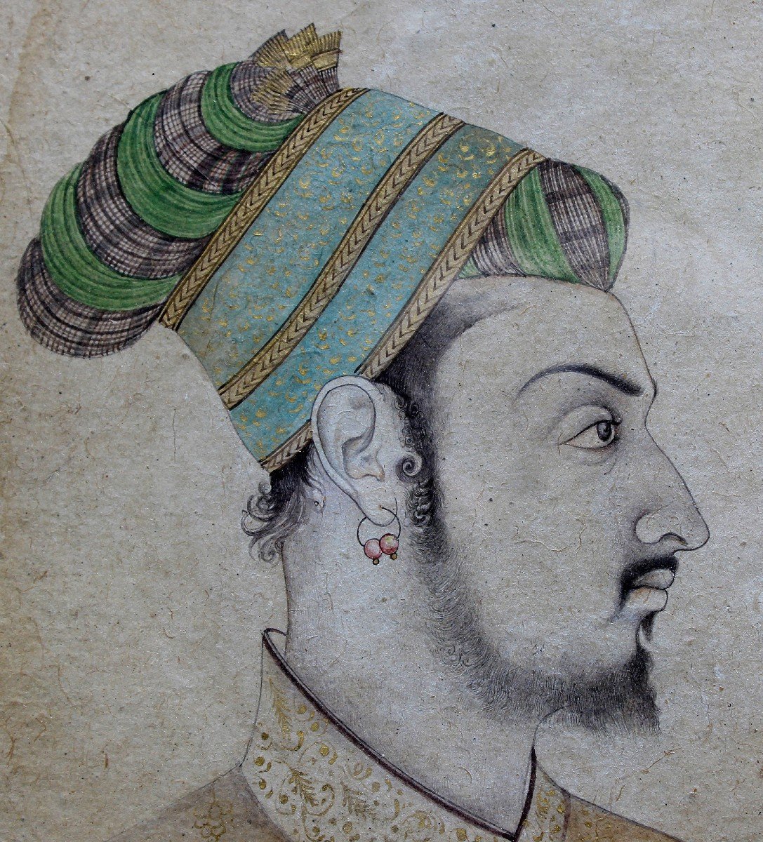 Indian Mughal Style Miniature Portrait Of Shah Jehan Signed-photo-3