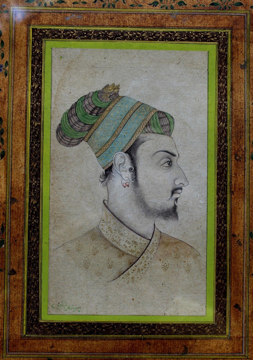 Indian Mughal Style Miniature Portrait Of Shah Jehan Signed