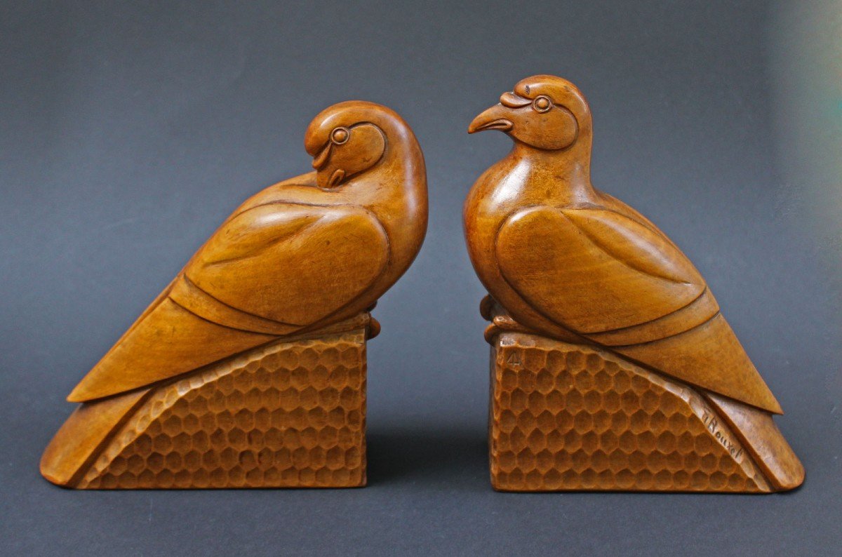 French Art Deco Sculpture Carved Wood Pair Of Pigeons Signed G.rouxel-photo-2