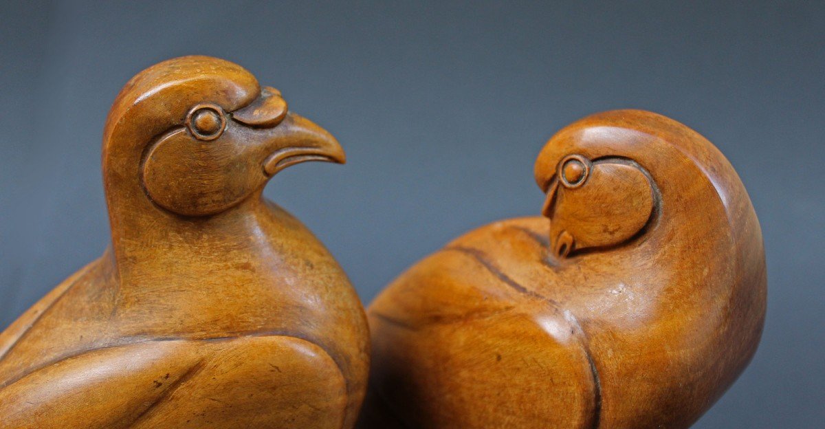 French Art Deco Sculpture Carved Wood Pair Of Pigeons Signed G.rouxel-photo-3