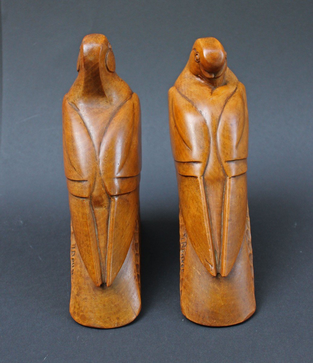 French Art Deco Sculpture Carved Wood Pair Of Pigeons Signed G.rouxel-photo-5