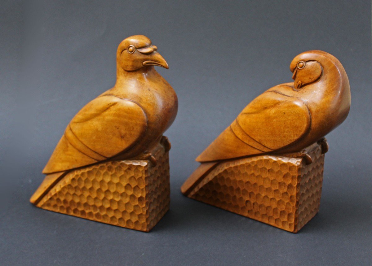 French Art Deco Sculpture Carved Wood Pair Of Pigeons Signed G.rouxel-photo-7