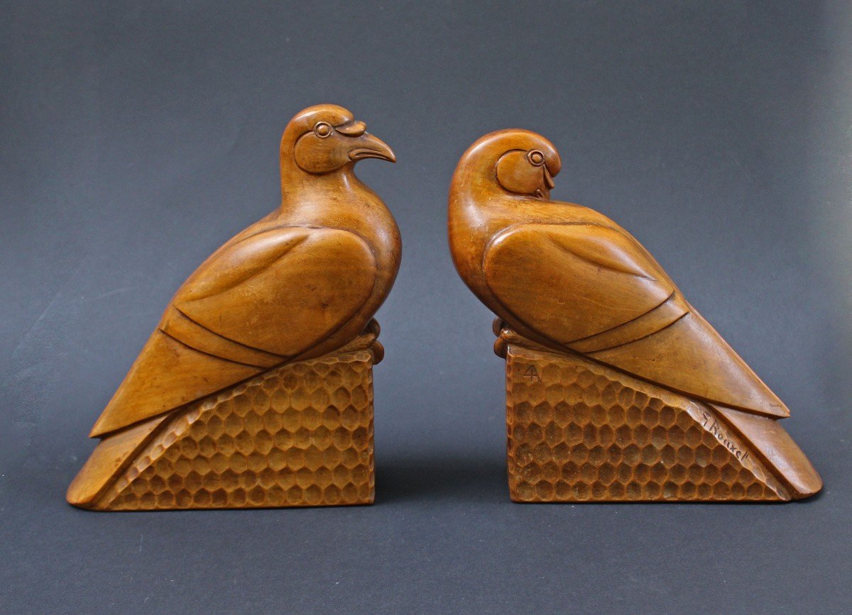 French Art Deco Sculpture Carved Wood Pair Of Pigeons Signed G.rouxel