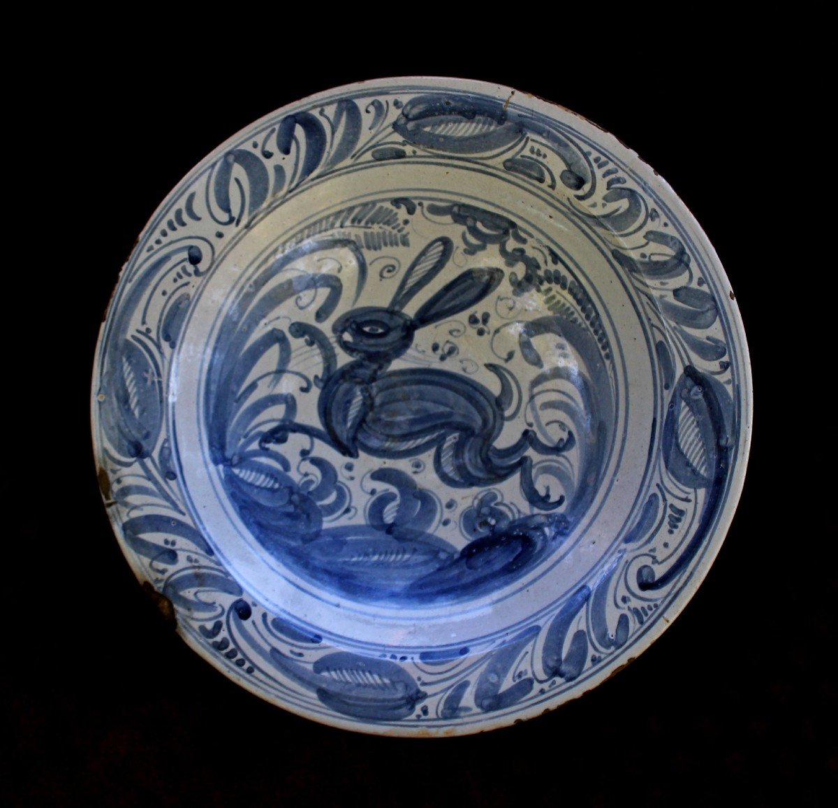 Antique Spanish Talavera Blue And White Ceramic Plate Rabbit Or Hare Early 18th Century