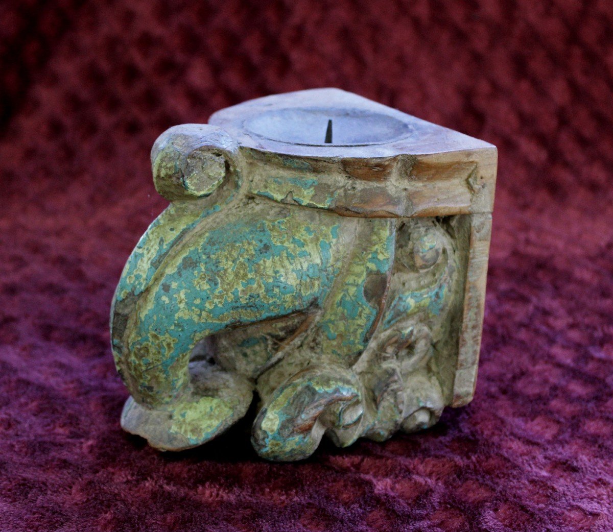 Antique Indian Hindu Temple Candle Holder In Carved And Painted Wood, 19th Century-photo-2