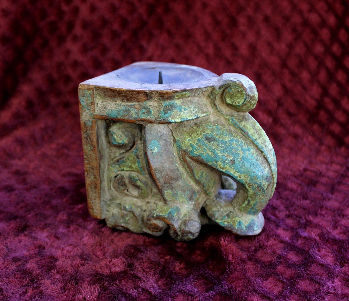 Antique Indian Hindu Temple Candle Holder In Carved And Painted Wood, 19th Century-photo-2