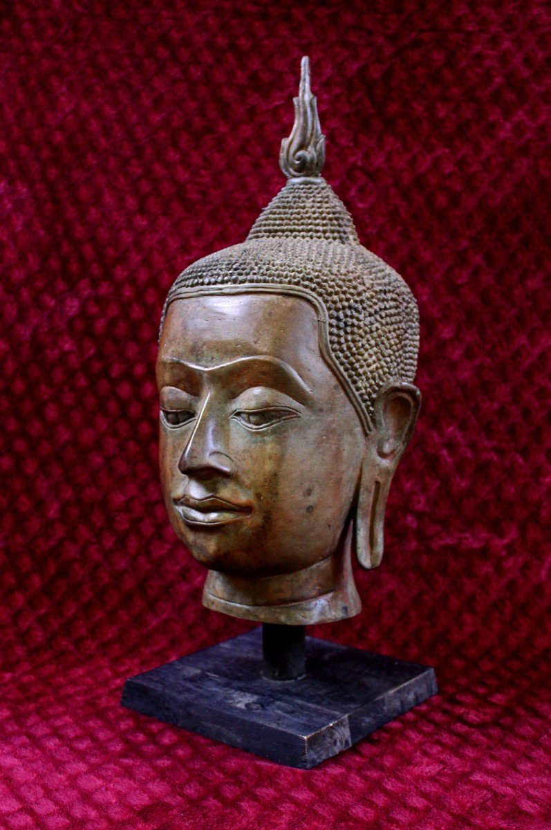 Very Large Antique Bronze Buddha Head Thailand Thai Interior Design-photo-3