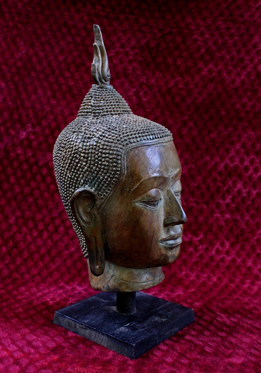 Very Large Antique Bronze Buddha Head Thailand Thai Interior Design-photo-2