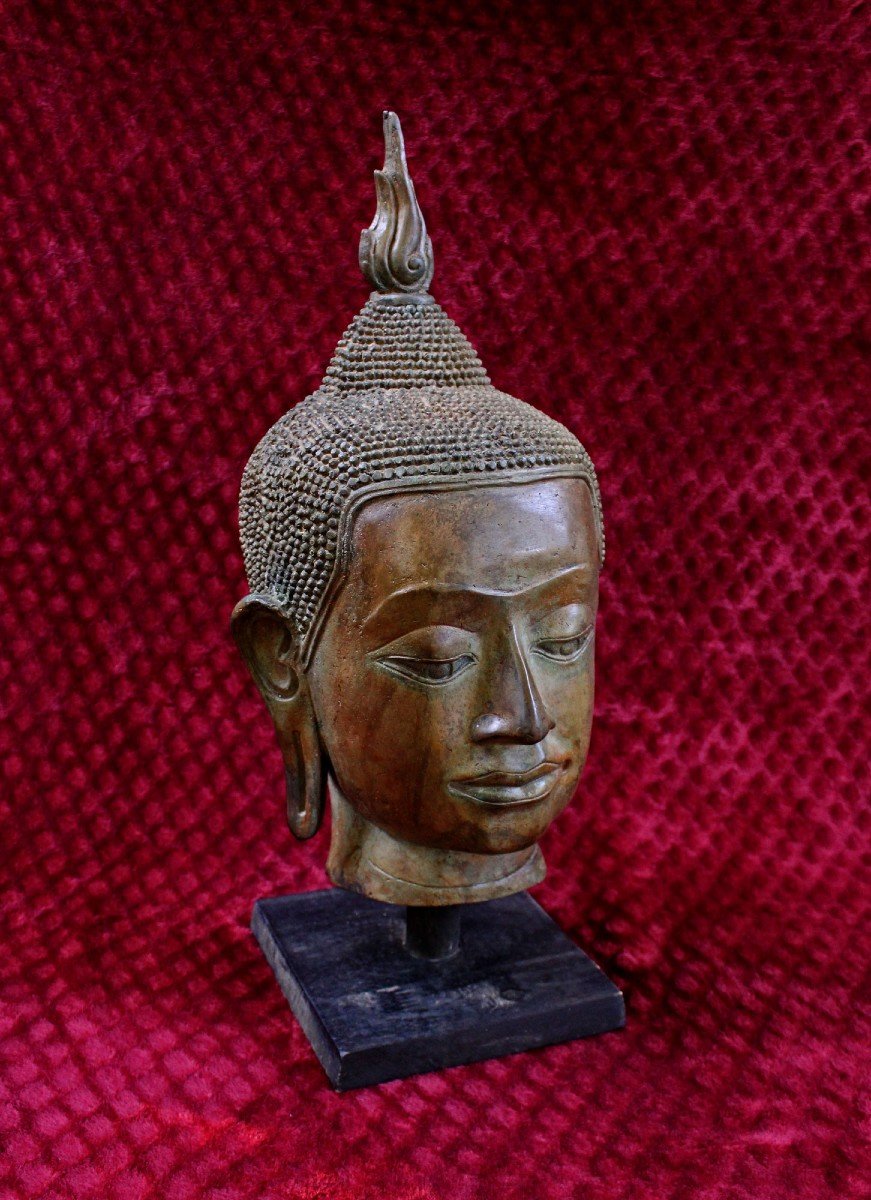 Very Large Antique Bronze Buddha Head Thailand Thai Interior Design-photo-4