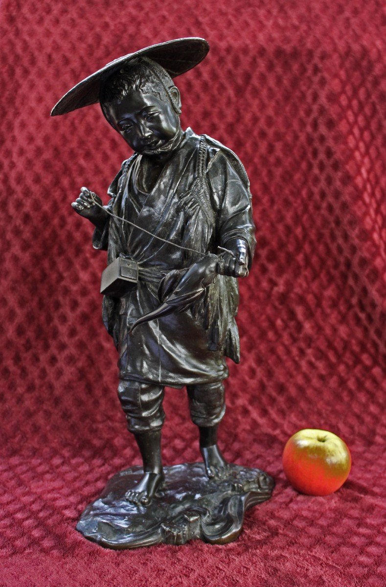 Large Japanese Tokyo School, Bronze Okimono , Meiji Young Fisherman With Catfish Signed-photo-2