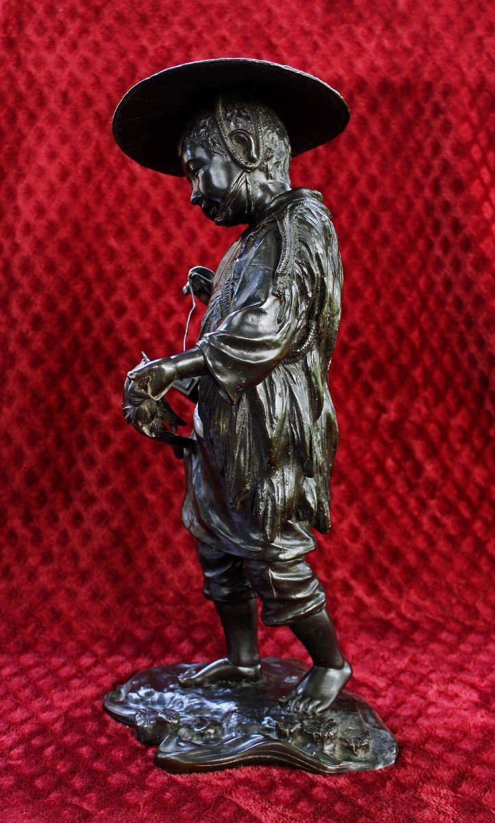 Large Japanese Tokyo School, Bronze Okimono , Meiji Young Fisherman With Catfish Signed-photo-3