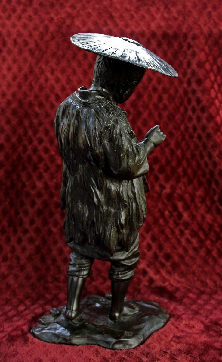 Large Japanese Tokyo School, Bronze Okimono , Meiji Young Fisherman With Catfish Signed-photo-4