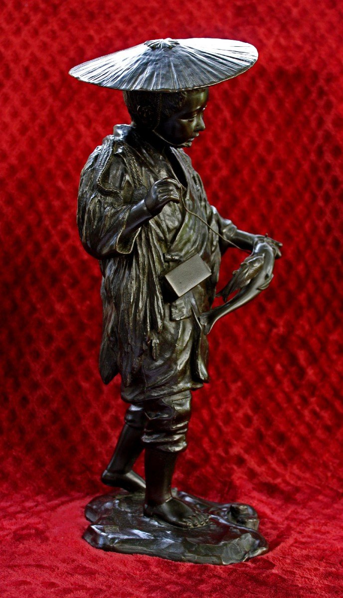 Large Japanese Tokyo School, Bronze Okimono , Meiji Young Fisherman With Catfish Signed-photo-1