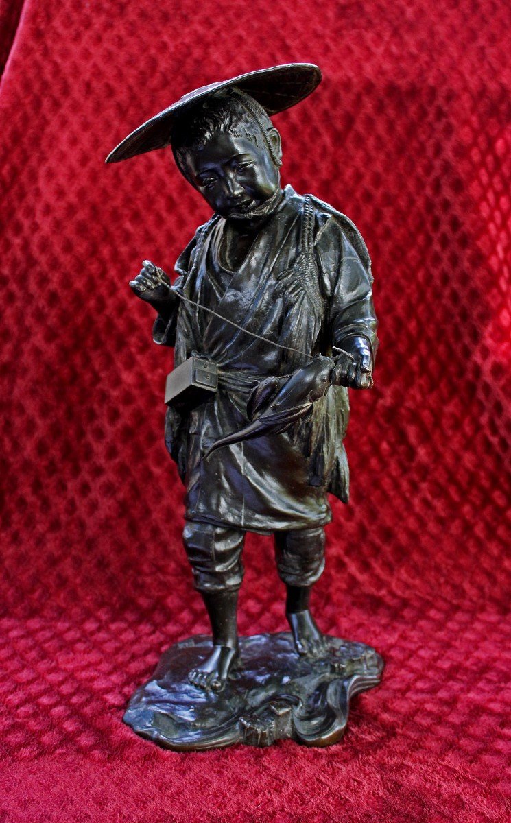 Large Japanese Tokyo School, Bronze Okimono , Meiji Young Fisherman With Catfish Signed