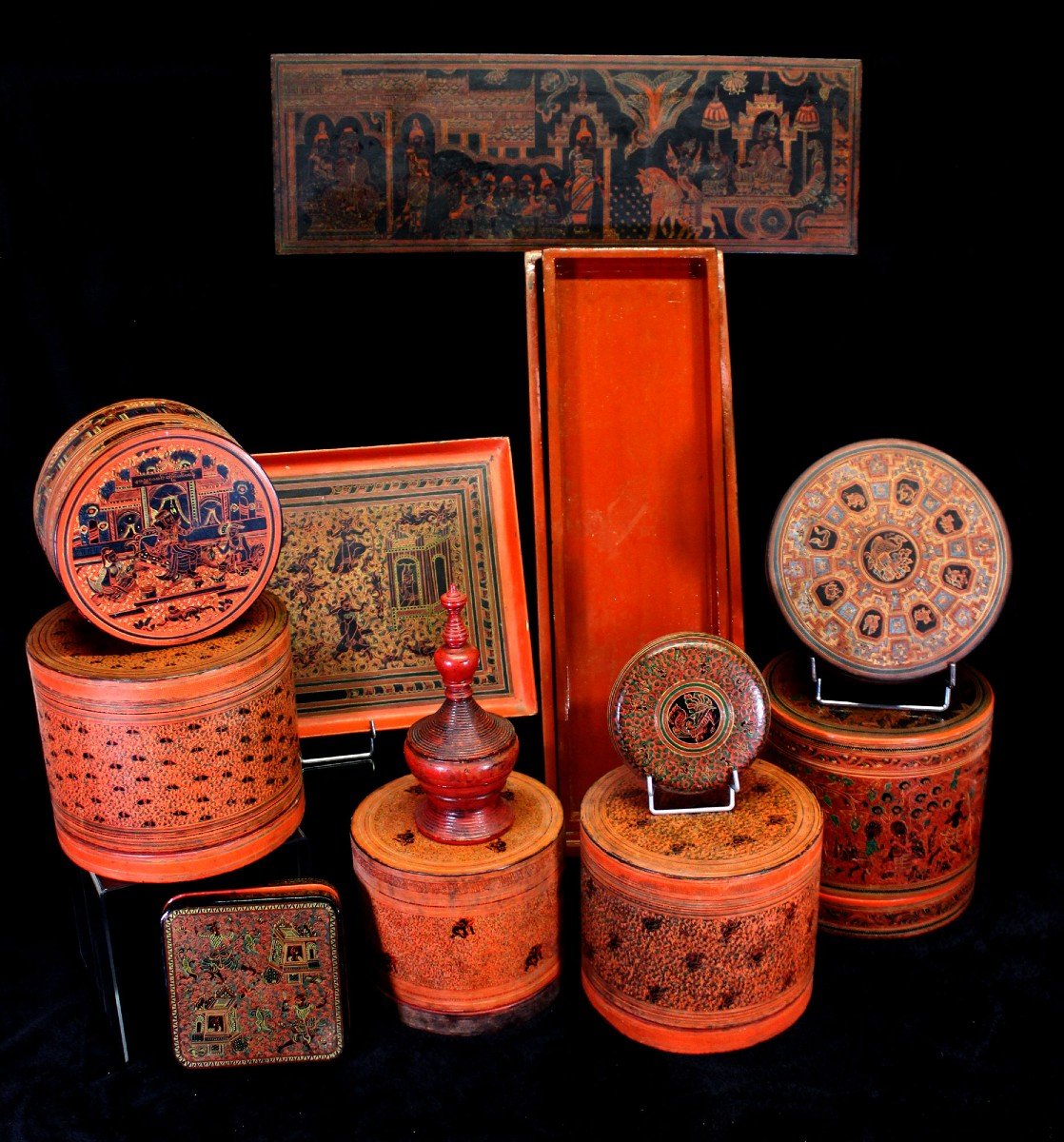 Collection Of Antique  Burmese Lacquer Ware. Betel. 11 Pce. Burma